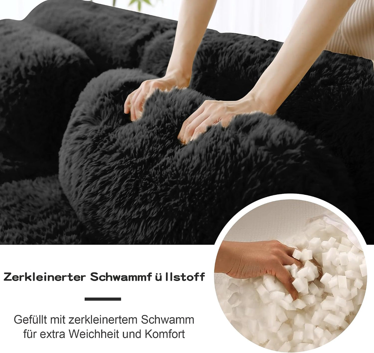 Sofá modular combinable en forma de L de 4 plazas, tejido de felpa con cojines, espuma de alta elasticidad, diseño chaise longue para salón o dormitorio (negro)