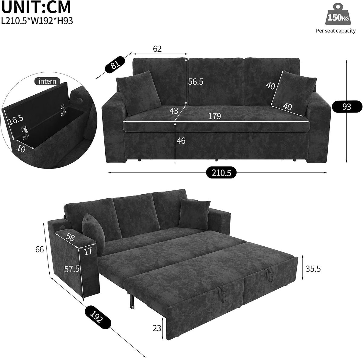 Sofá cama de 210 cm, multifuncional, 3 plazas, con función de dormir, sofá cama extensible, sofá con espacio de almacenamiento, reposabrazos y puerto de carga USB, para salón y dormitorio, color