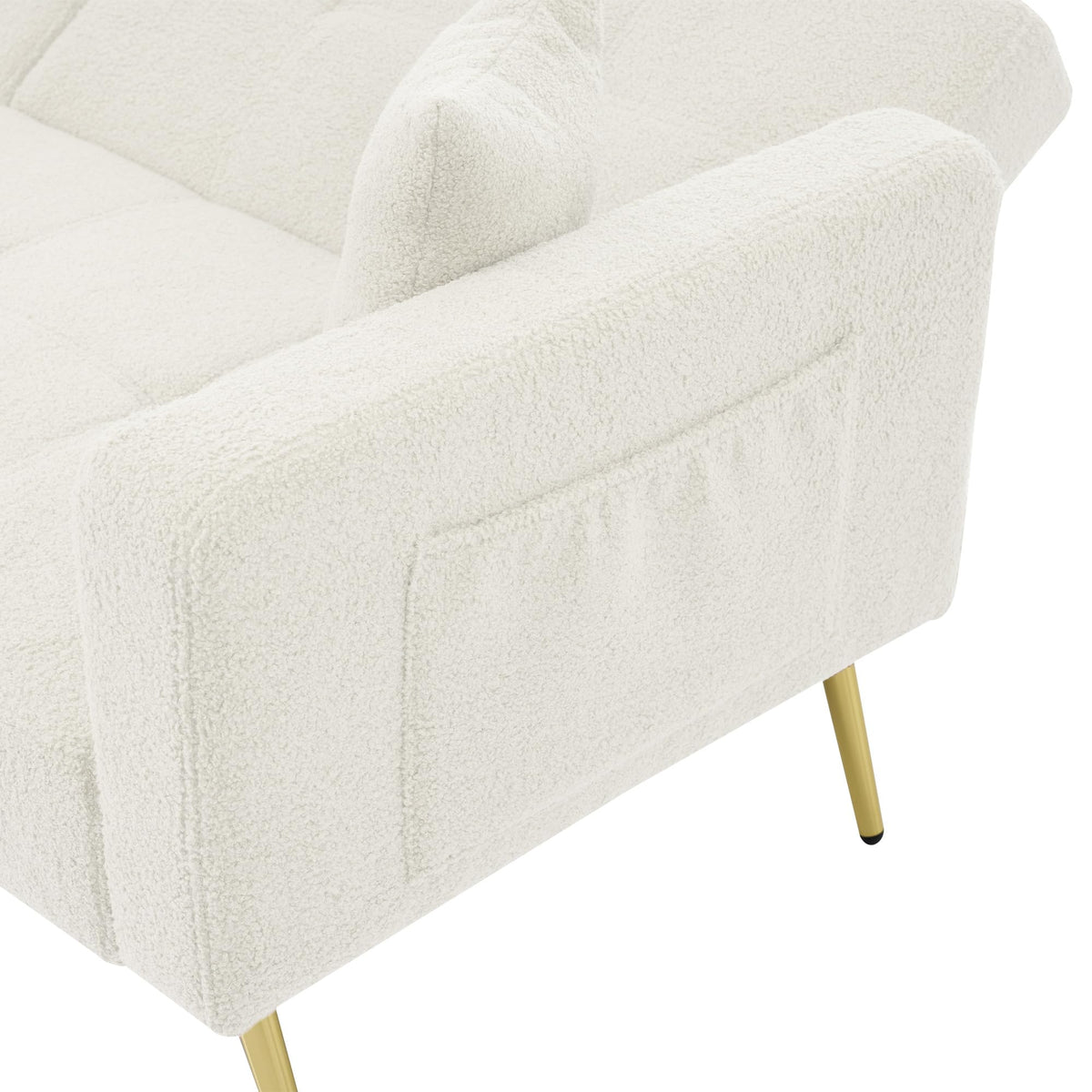 Sofá cama con esquinas ajustables, patas doradas, almohadas y bolsillos laterales para almacenamiento (Bavia)