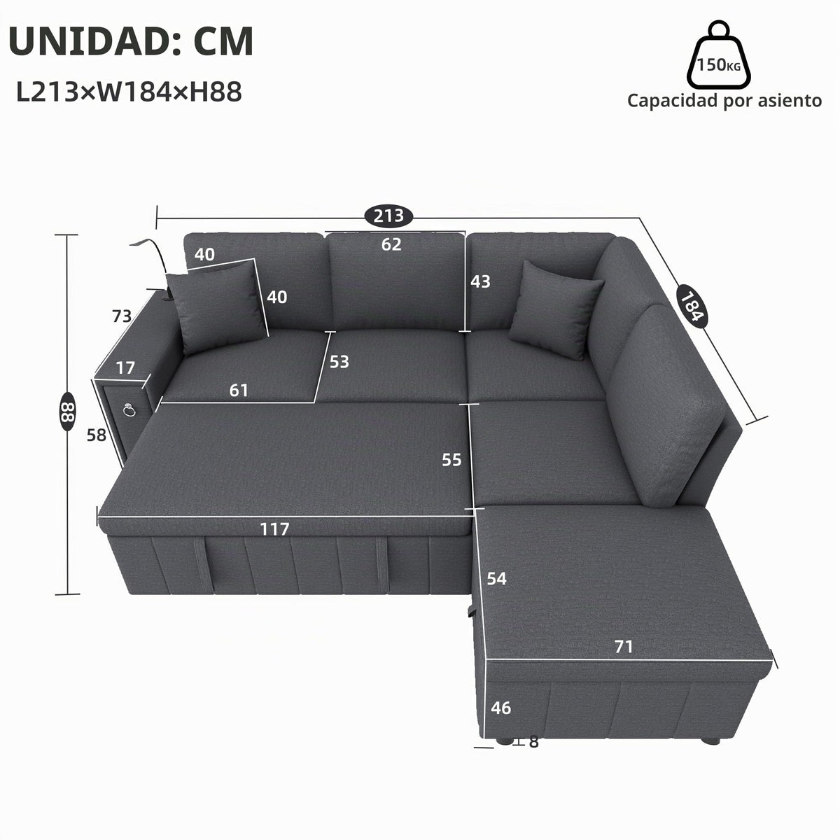 Sofá esquinero extensible en forma de L con puerto USB y portavasos, sofá cama de 4 plazas con función cama, sofá convertible con espacio de almacenamiento y reposabrazos, cojines, chenilla