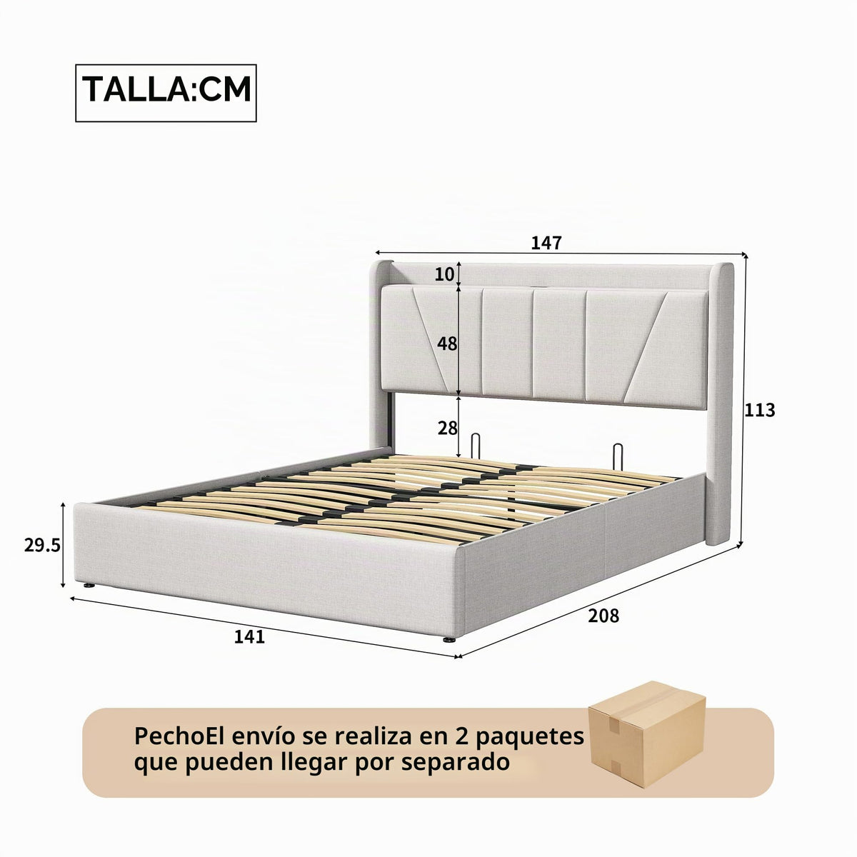 Cama tapizada de 160 x 200 cm, cama doble LED con espacio de almacenamiento, cabecero y función de carga USB C, cama de almacenamiento hidráulico, respaldo con somier de láminas de madera