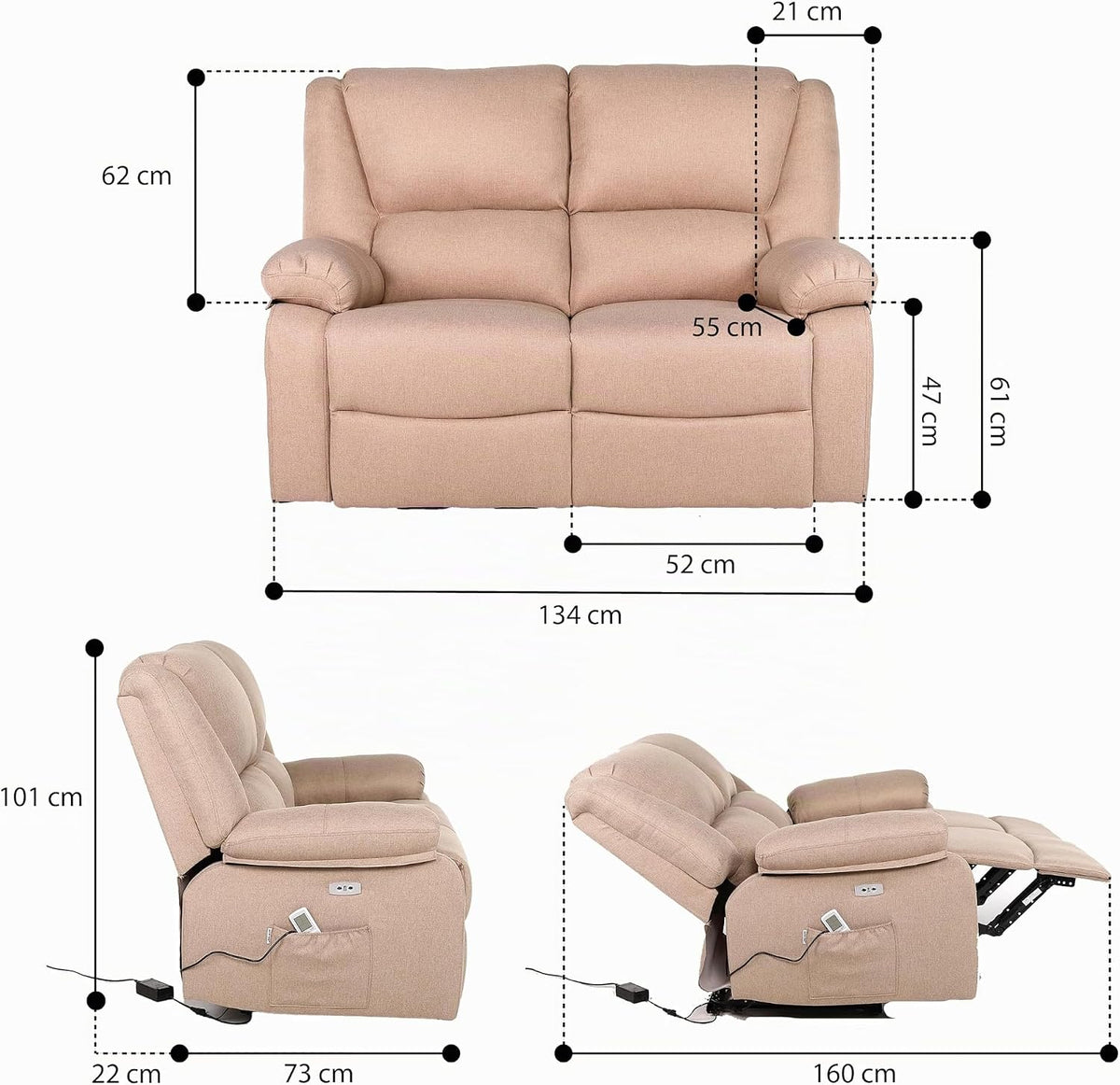 ECODE® Sofa 2 Plazas de Tela con Reclinacion Electrica y Masaje