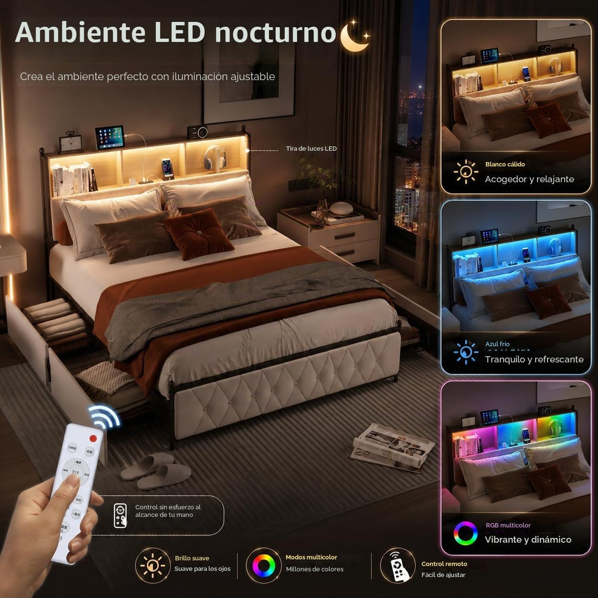 BRILVERDE Cama Tapizada 160x200 con Almacenamiento, Cama matrimonial con cajones, Cama Nido con LED, Cabecero Acolchado y Base de Láminas, Terciopelo (Beige, 160 x 200 cm)