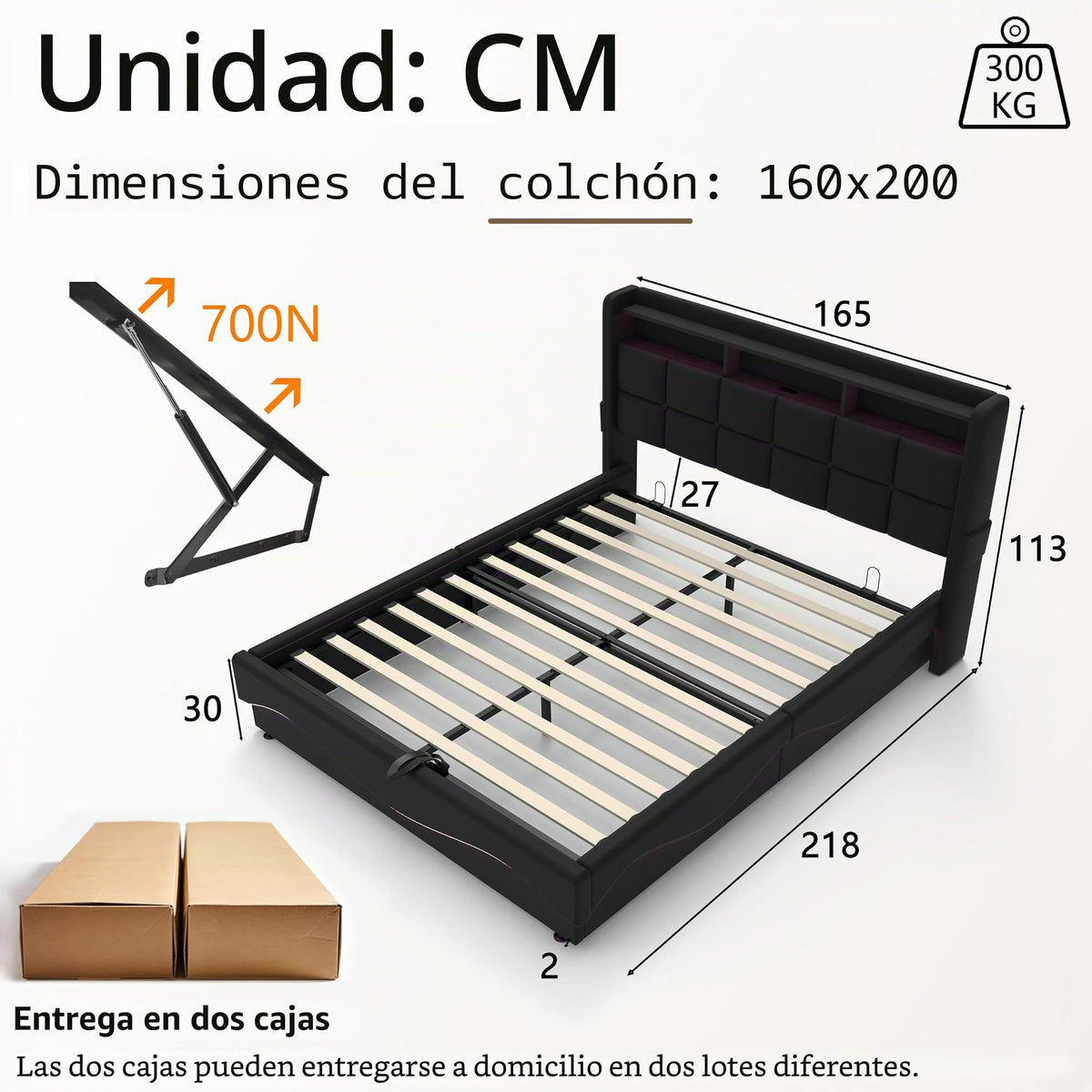 Estructura de Cama 140x200 cm con iluminación LED, Lino, Gris