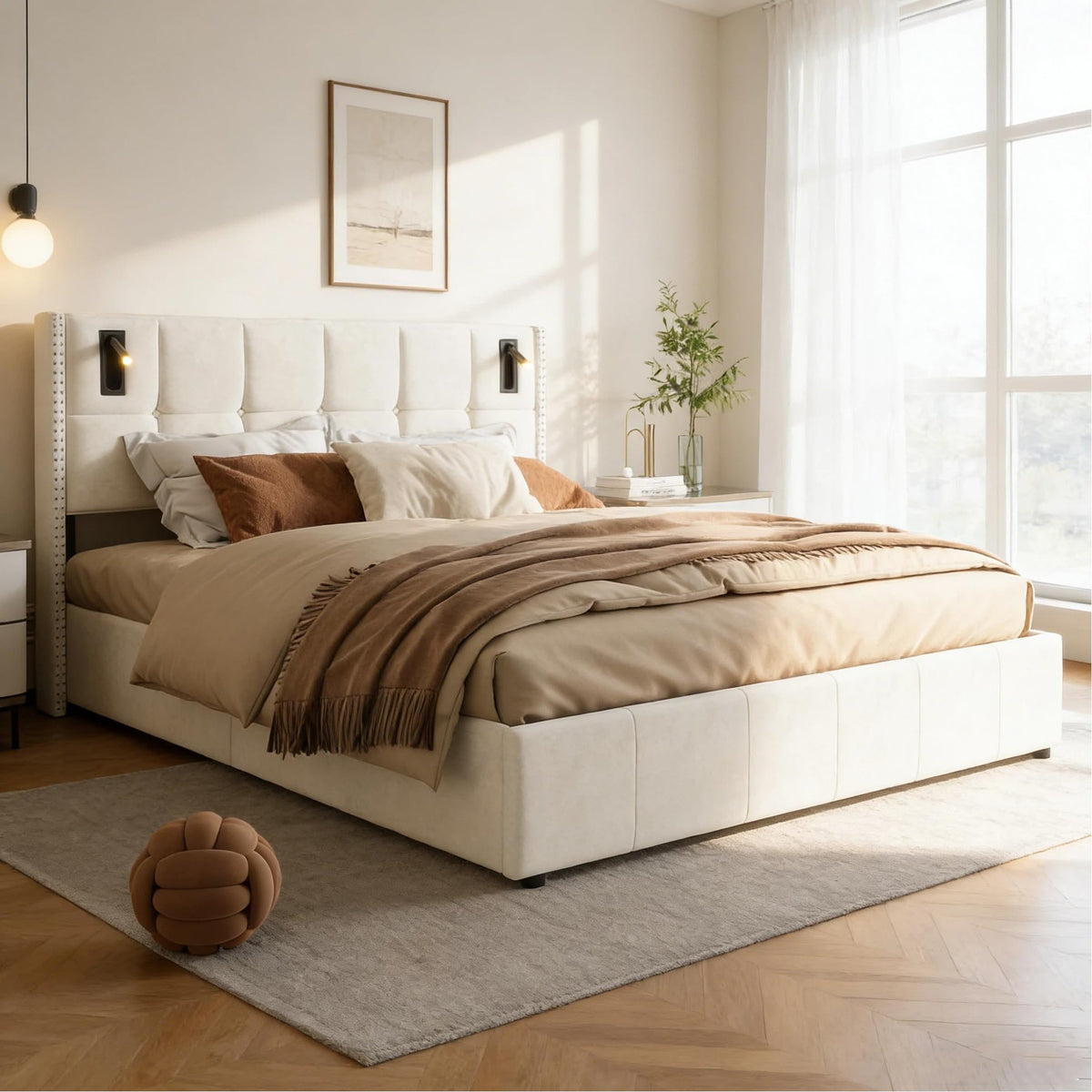 BRILVERDE Cama Tapizada 160x200 con Almacenamiento hidráulico, Cama matrimonial con lámpara de mesita, Cabecero Acolchado y Base de Láminas, Terciopelo (Beige, 160 x 200 cm)