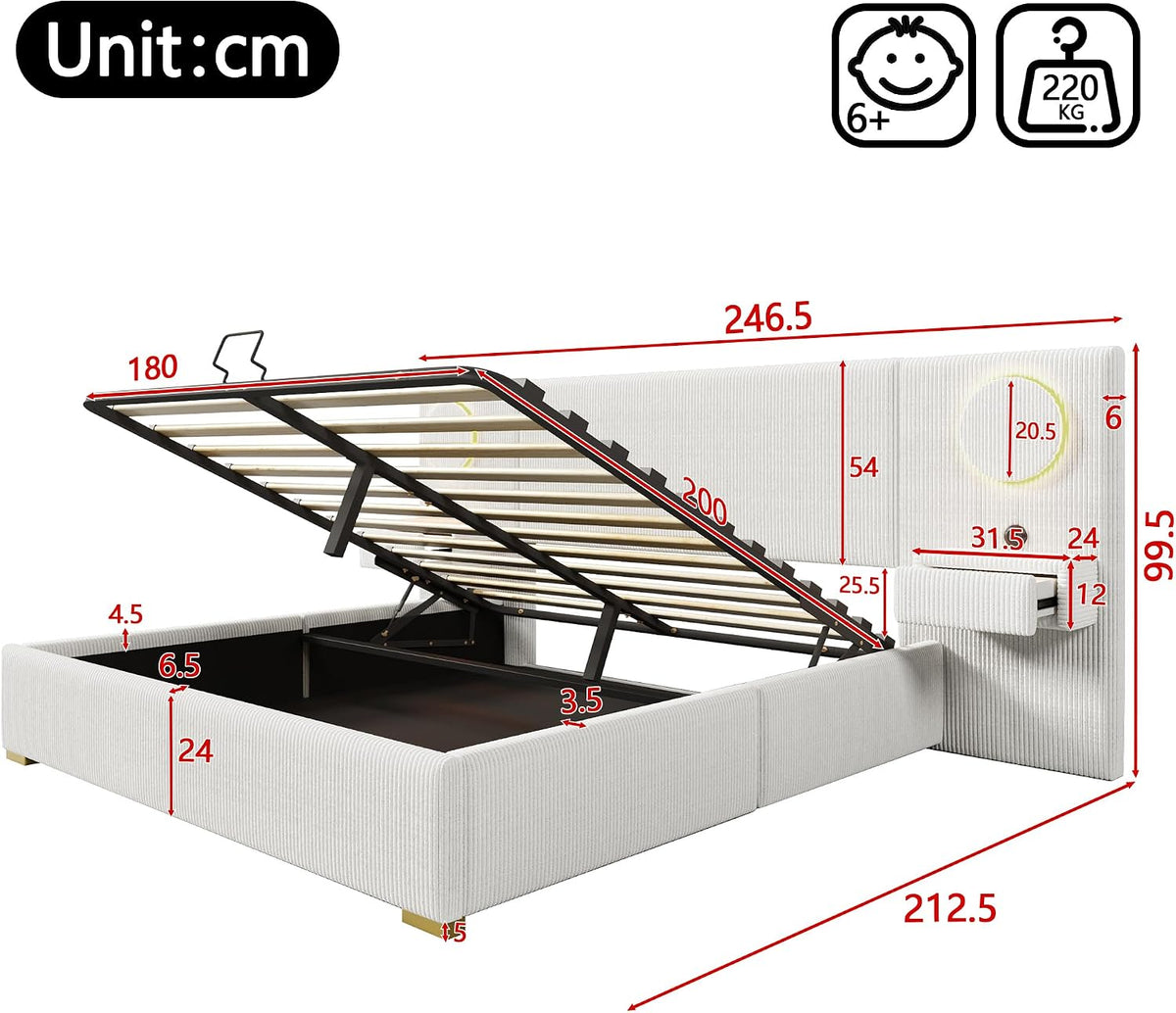 Moimhear Cama tapizada de terciopelo, cabecero LED, conectores USB, almacenamiento hidráulico