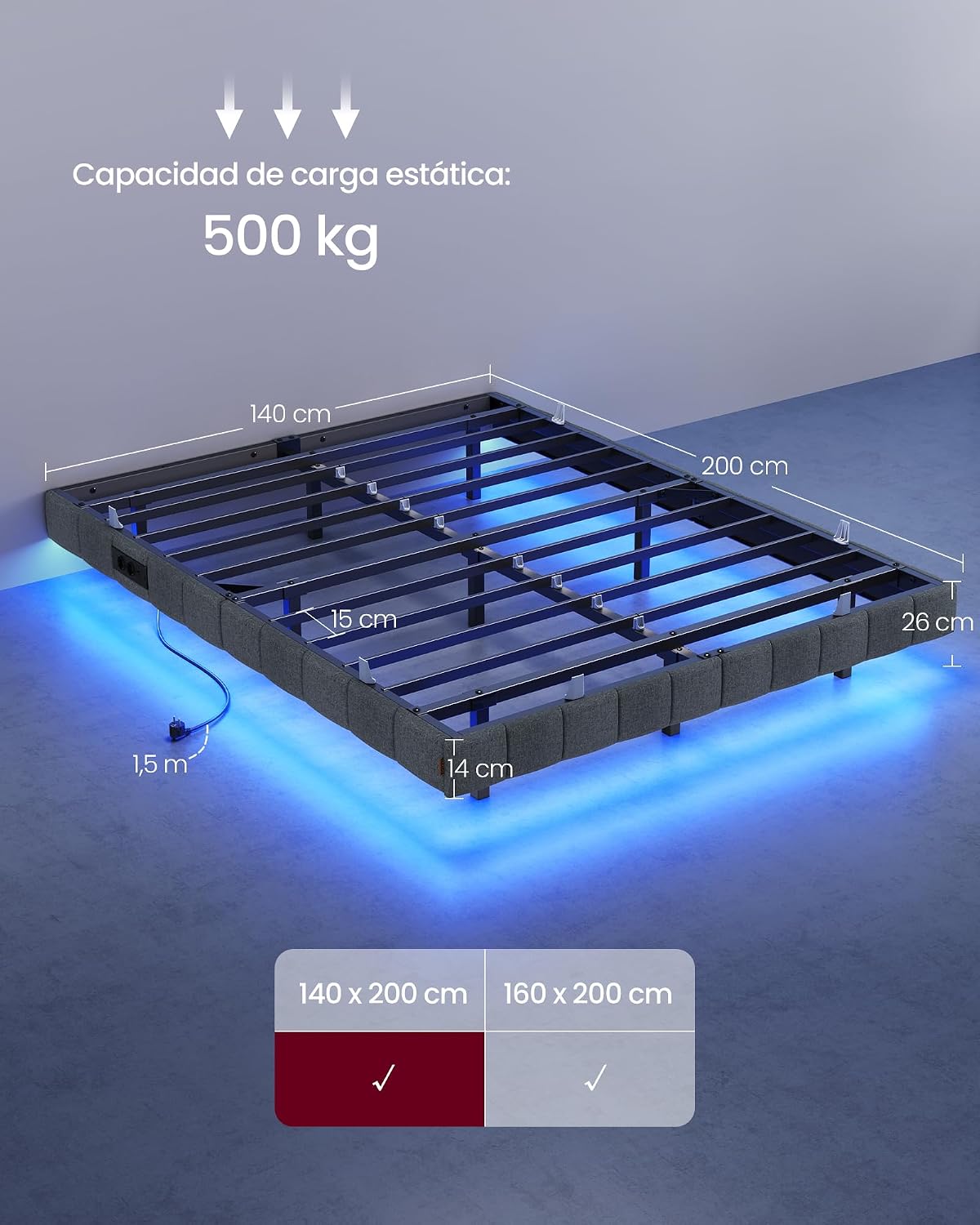 VASAGLE Marco de Cama Flotante, 140 x 200 cm, LED, 2 Tomas y 3 USB