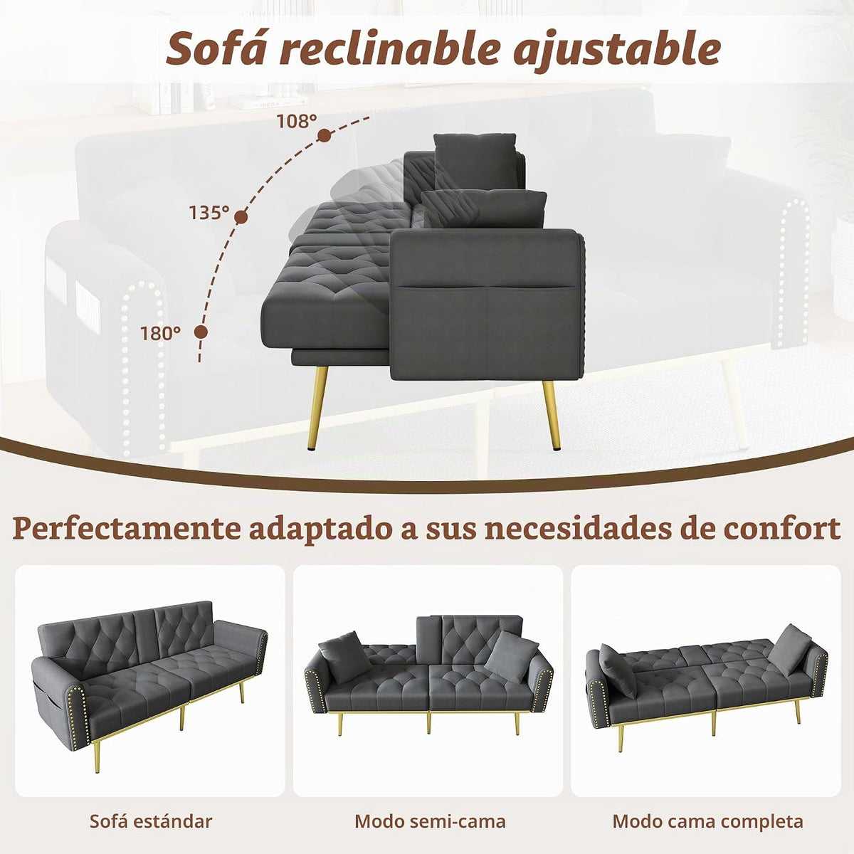 Azkoeesy Sofá cama de 2 plazas con soporte para bebidas, 175 cm, sofá cama con función de dormir, respaldo ajustable en 3 posiciones, patas metálicas doradas y remaches, para sala de estar y cine en