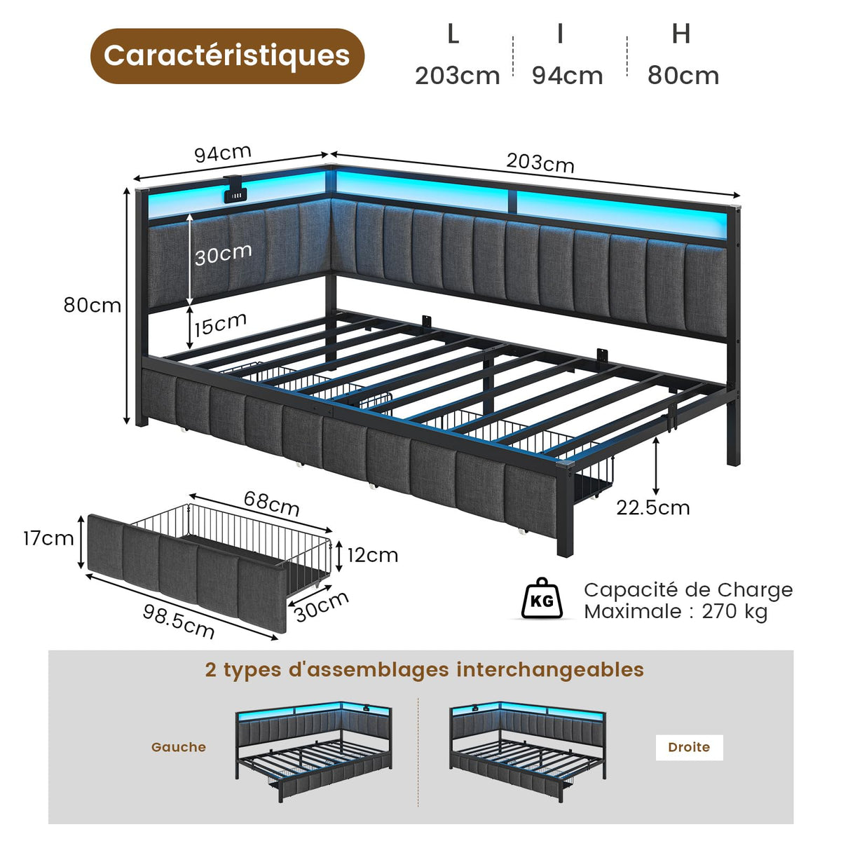 DICTAC Cama Tapizada Sofá Cama 90 x 190 cm con iluminación LED y Toma USB,Camas Juvenil con 2 cajones de Almacenamiento, Estructura de Cama de 90x190 con somier de láminas de Metal, Gris Oscuro