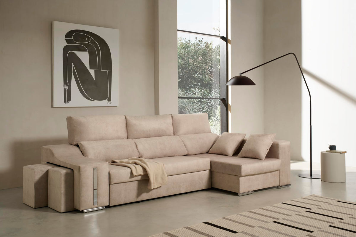 Sofa Chaise Longue Cama con Arcón y Puff Giuliana Agua Marina Izquierda