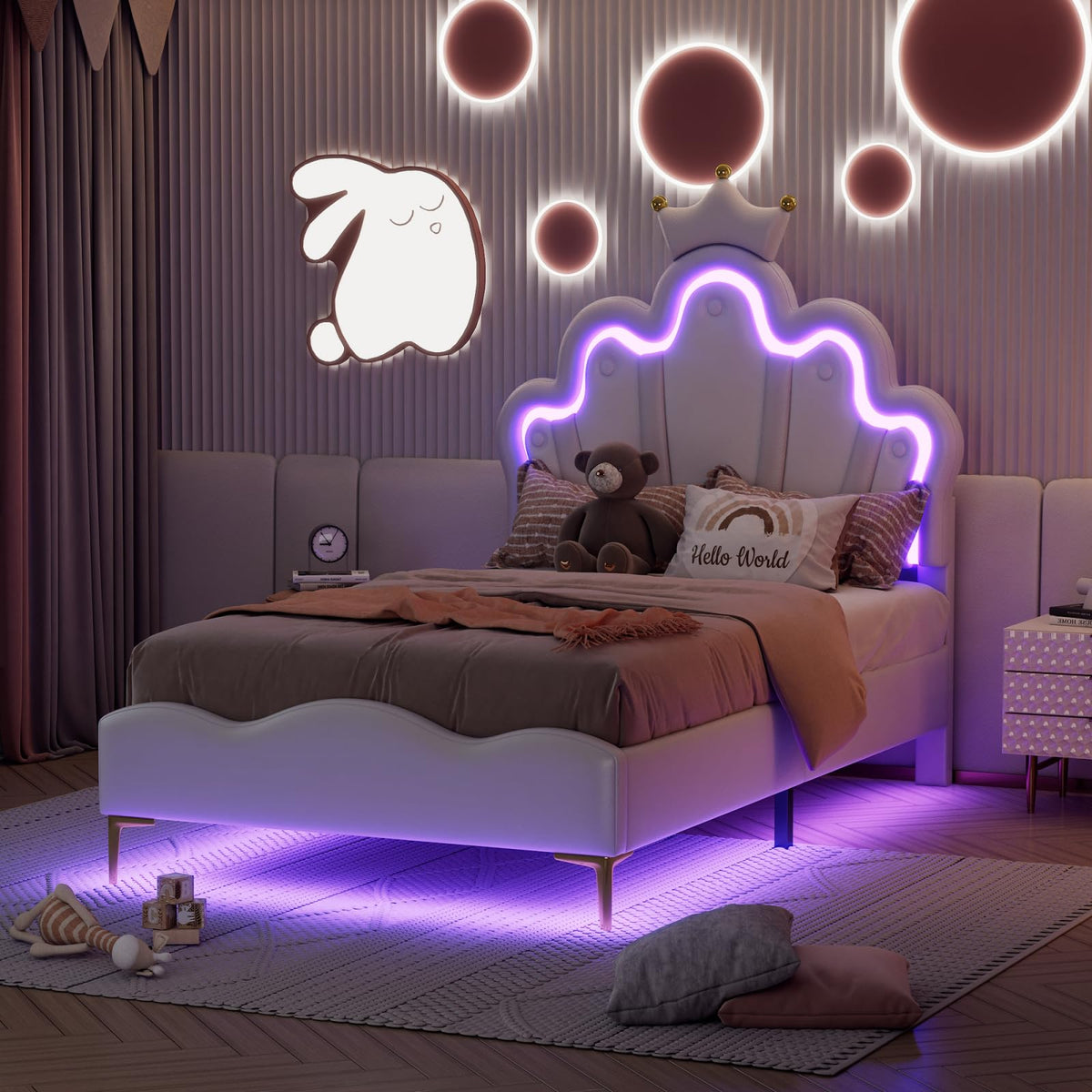 Cama Infantil tapizada 140 x 200 cm con LED, Cama tapizada para niños 140 x 200 con cabecera Ajustable Marco de Camas, Camas de Princesa para Niña en Forma de Corona con Somier(Rosa, 140 x 200)