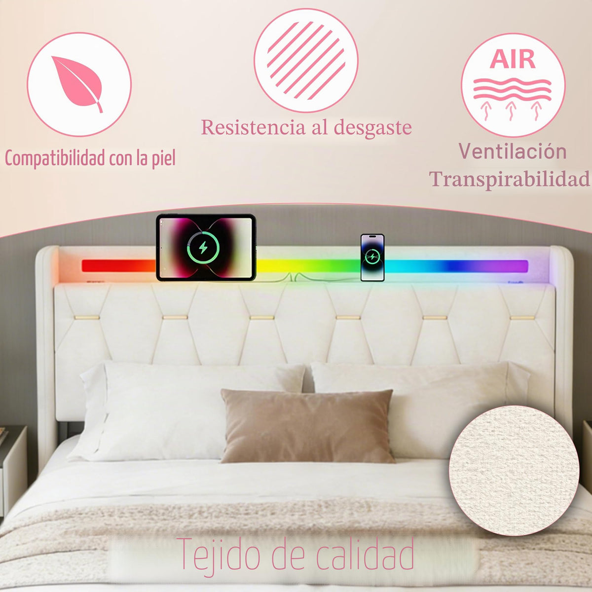 Estructura de Cama 140x200 cm con iluminación LED, Lino, Gris