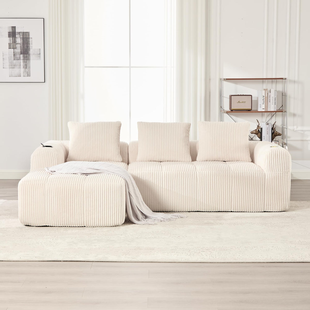 Dolamaní Sofá compacto de 3 plazas de pana con 3 cojines, sofá esquinero en forma de L con función de dormir, suave y modular, asiento extraprofundo, sin montaje, para salón (gris oscuro)