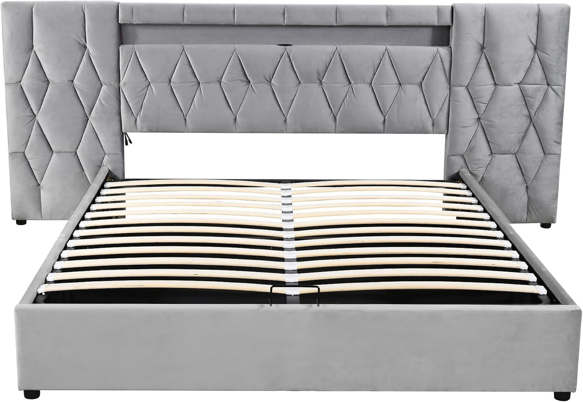 Elegante cama tapizada de 160 x 200 cm, con respaldo grande, cama de terciopelo con LED y enchufe USB, cama clásica, sistema de almacenamiento hidráulico (gris)