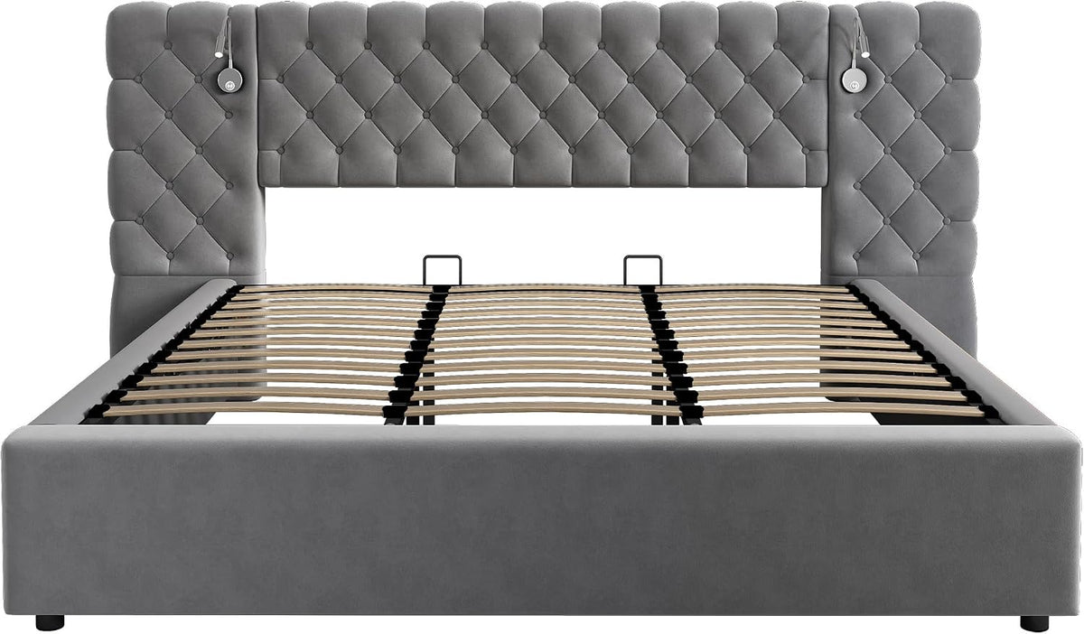 Cama Tapizada 180x200, Cama Doble con LED iluminación y Espacio de Almacenamiento, Hidráulica Modern Cama Matrimonio Juvenil con Cabecero Ancho y Suave y Somier, Gris, Terciopelo, Sin Colchón