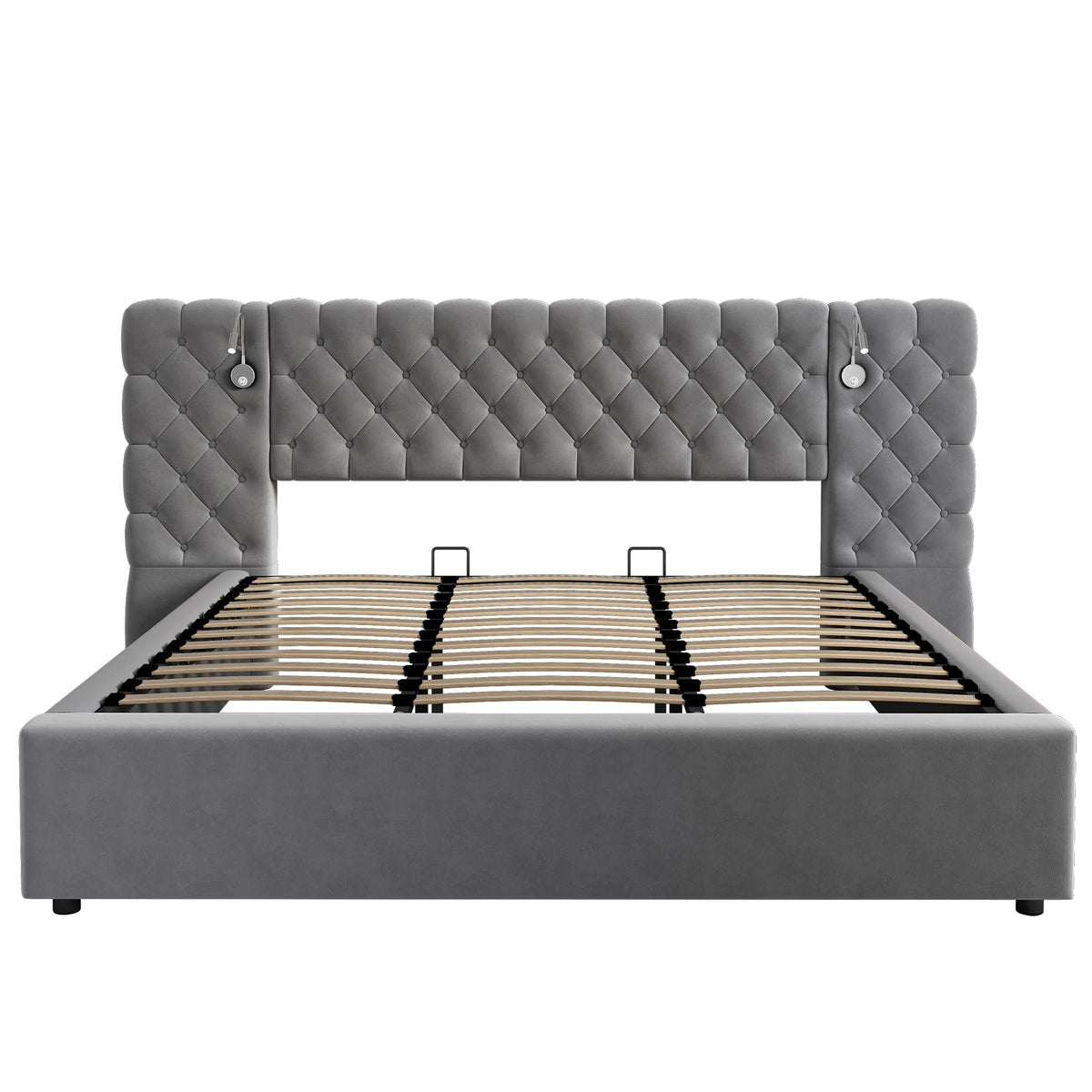Cama 180x200 cm Camas Matrimoniales con LED y Lámpara de Noche, Cama Doble Tapizada con USB y Cabecero Ancho, Almacenaje Hidráulico, Soporte de Lamas de Madera, Terciopelo, Sin Colchón, Gris