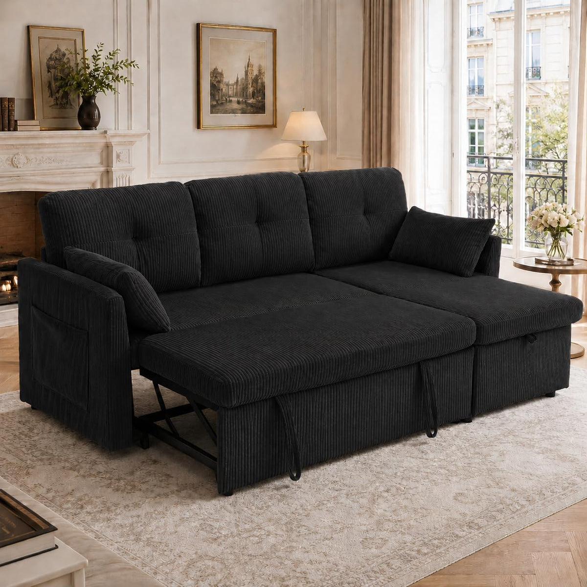 Lubvtti Sofá cama de 3 plazas moderno con función de cama, con espacio de almacenamiento, cargador USB, reposabrazos portaobjetos y 2 cojines, sofá de esquina en L, sofá de 3 plazas, chenilla (C-gris)