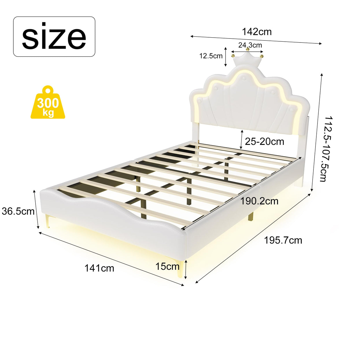 Cama Infantil tapizada 140 x 200 cm con LED, Cama tapizada para niños 140 x 200 con cabecera Ajustable Marco de Camas, Camas de Princesa para Niña en Forma de Corona con Somier(Rosa, 140 x 200)