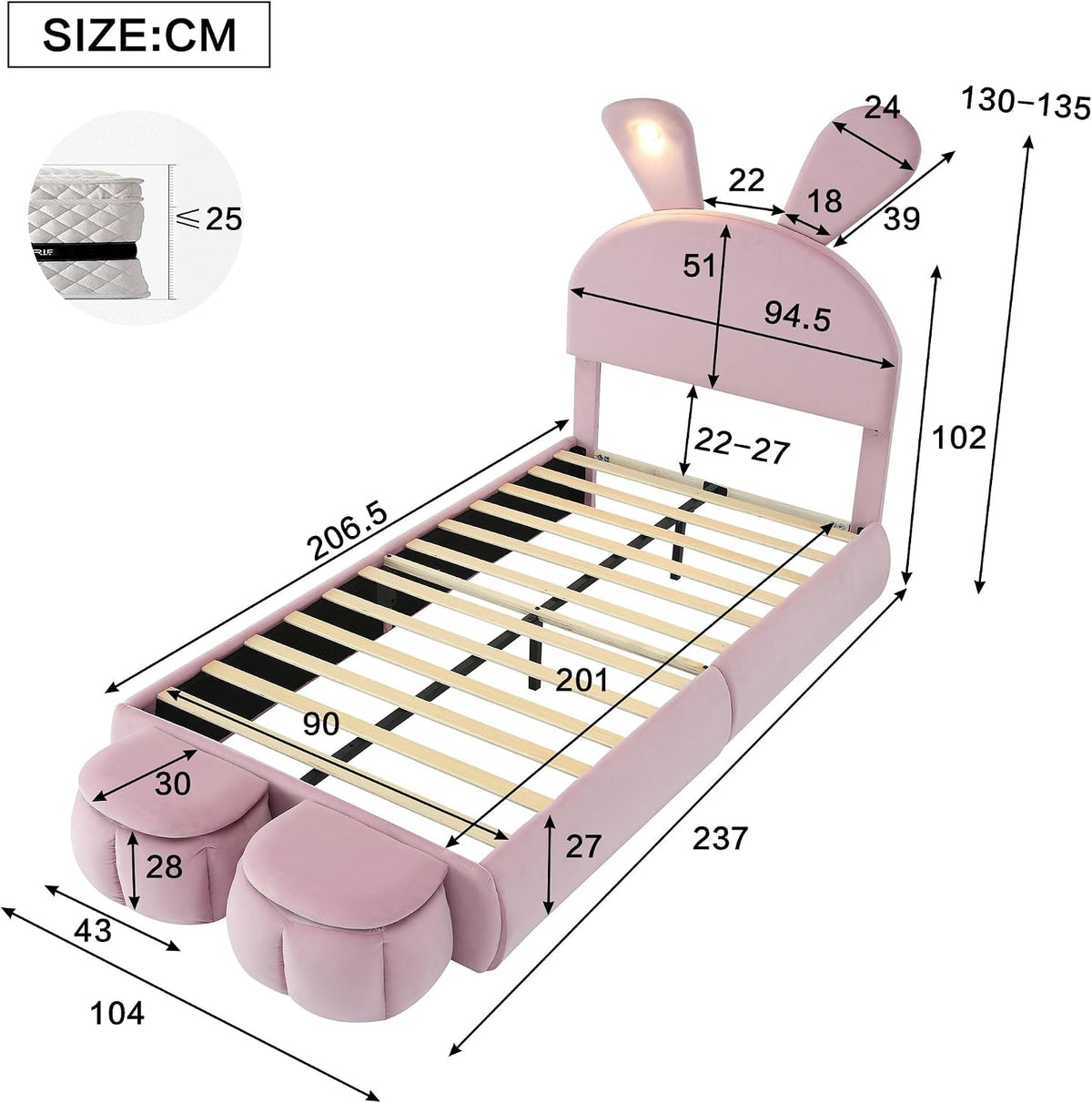 Soweiz Cama tapizada, cama individual, con orejas de conejo y tiras de luz de color cálido con brillo ajustable, con dos cajones de almacenamiento, cama infantil con somier de madera, terciopelo