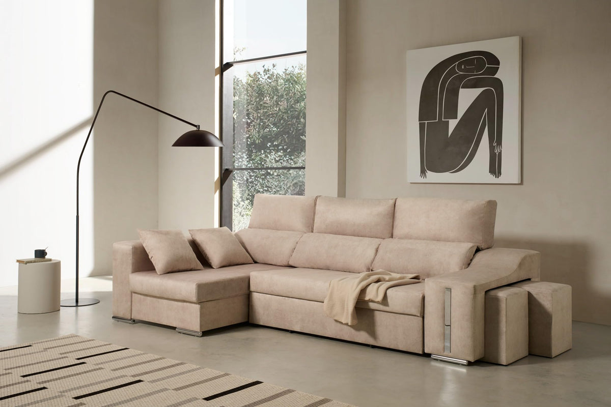 Sofa Chaise Longue Cama con Arcón y Puff Giuliana Agua Marina Izquierda