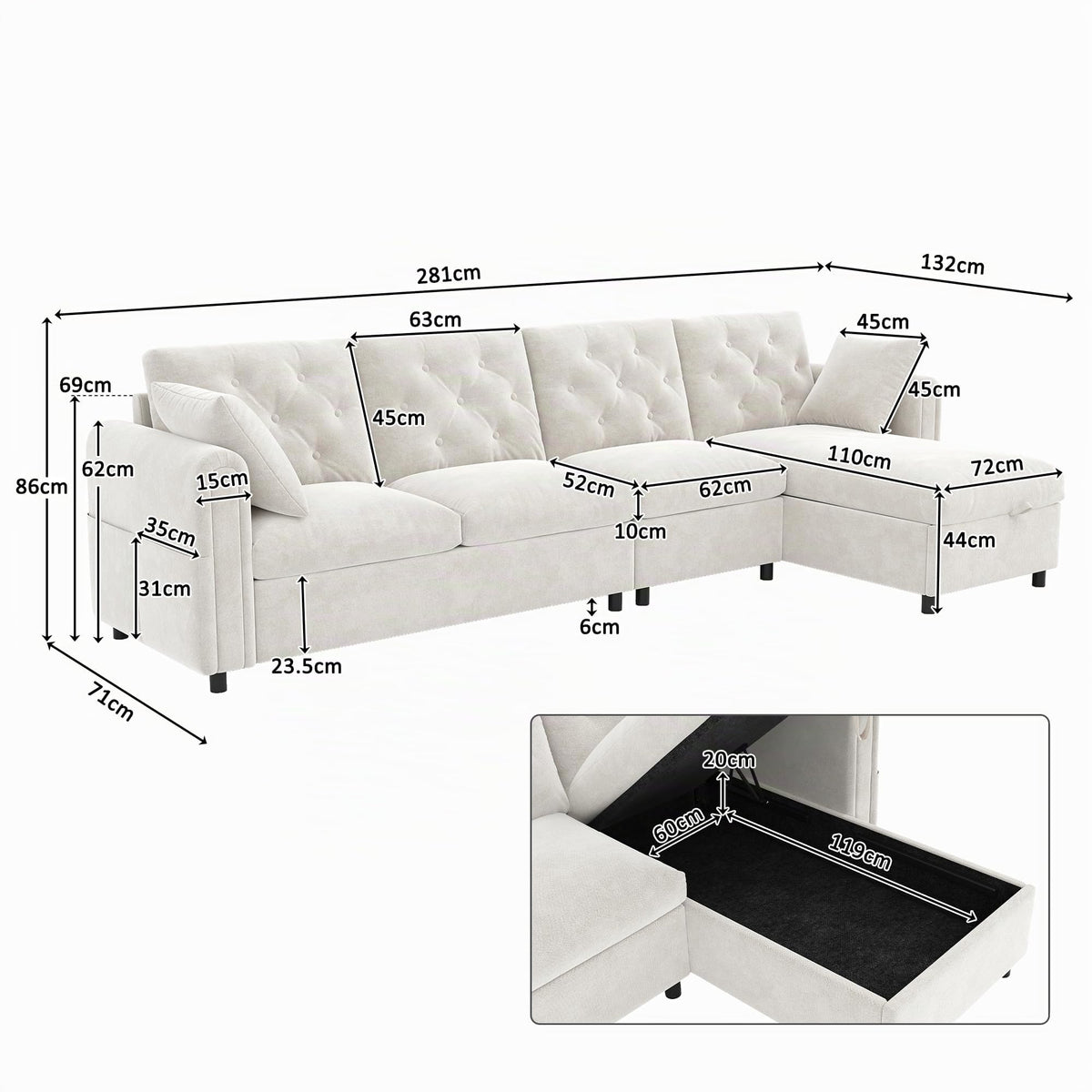 LAKFEW Sofa Cama con Cama Extensible y Taburete Almacenaje, Sofa Rinconera con USB, Lámpara de Lectura, Mesa Plegable con 2 Posavasos, 205x205x85 cm, Gris