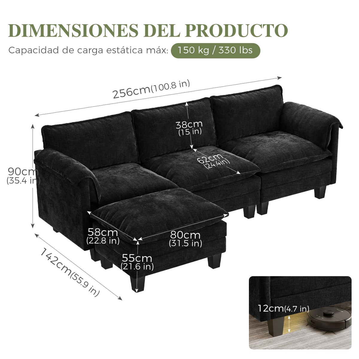 ELUCHANG Sofá Nube Modular 256cm, Sofá de 3 Plazas con Asiento Profundo 62cm, Montaje sin Herramientas, Sofá Moderno de Chenilla para Salón y Habitación, Gris Perla
