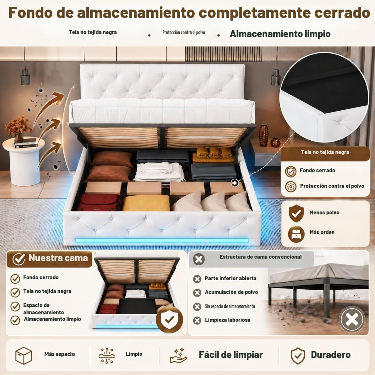 BRILVERDE Cama Tapizada 160x200 con Almacenamiento hidráulico, Cama matrimonial con lámpara de mesita, Cabecero Acolchado y Base de Láminas, Terciopelo (Beige, 160 x 200 cm)
