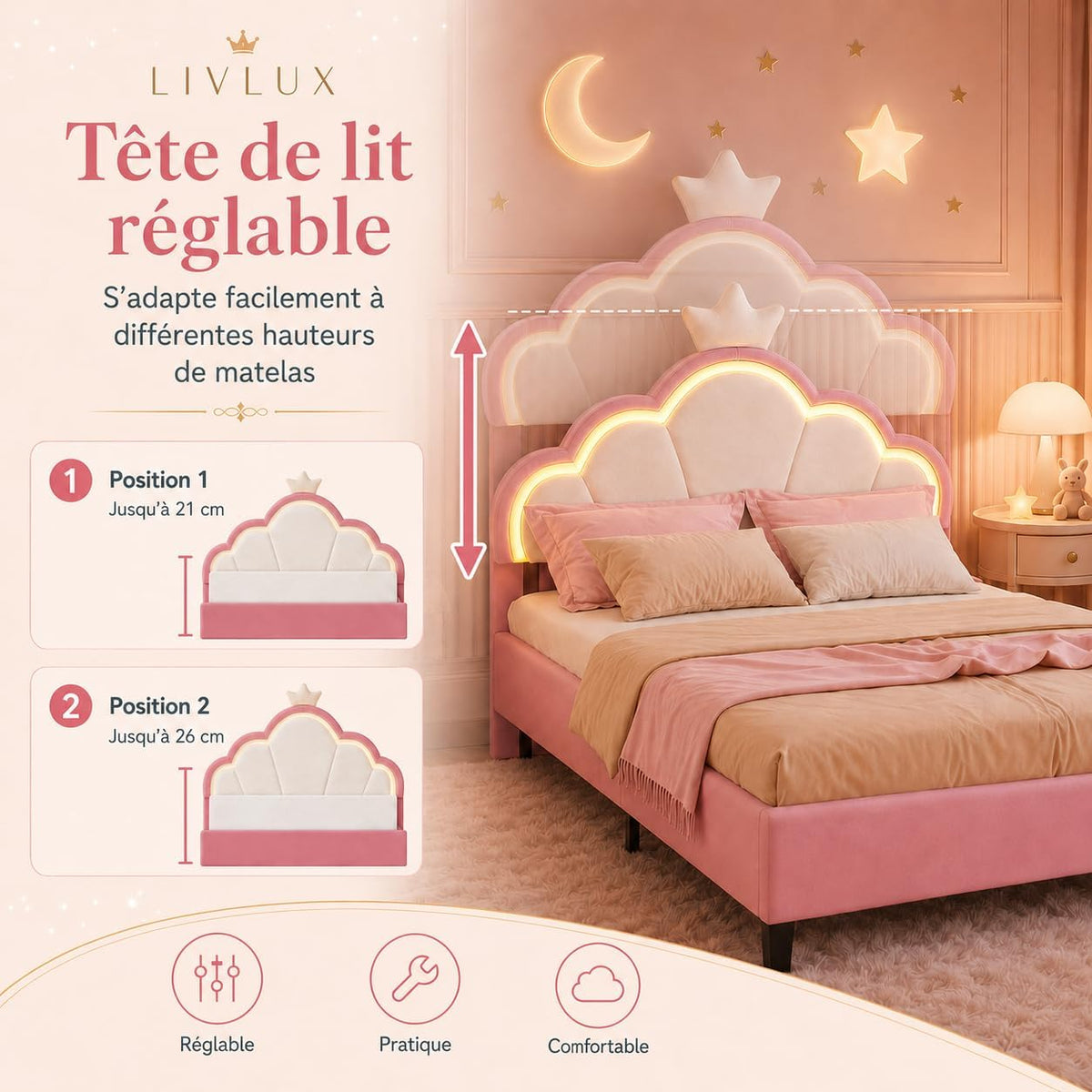 LIVLUX Cama Tapizada 90 x 200 cm, Cama Princesa con Cabezal LED Ajustable y Somier de Lamillas, Cama para Niña, Diseño en Forma de Corona para Niños y Adolescentes (Rosa, 90 x 200 cm)