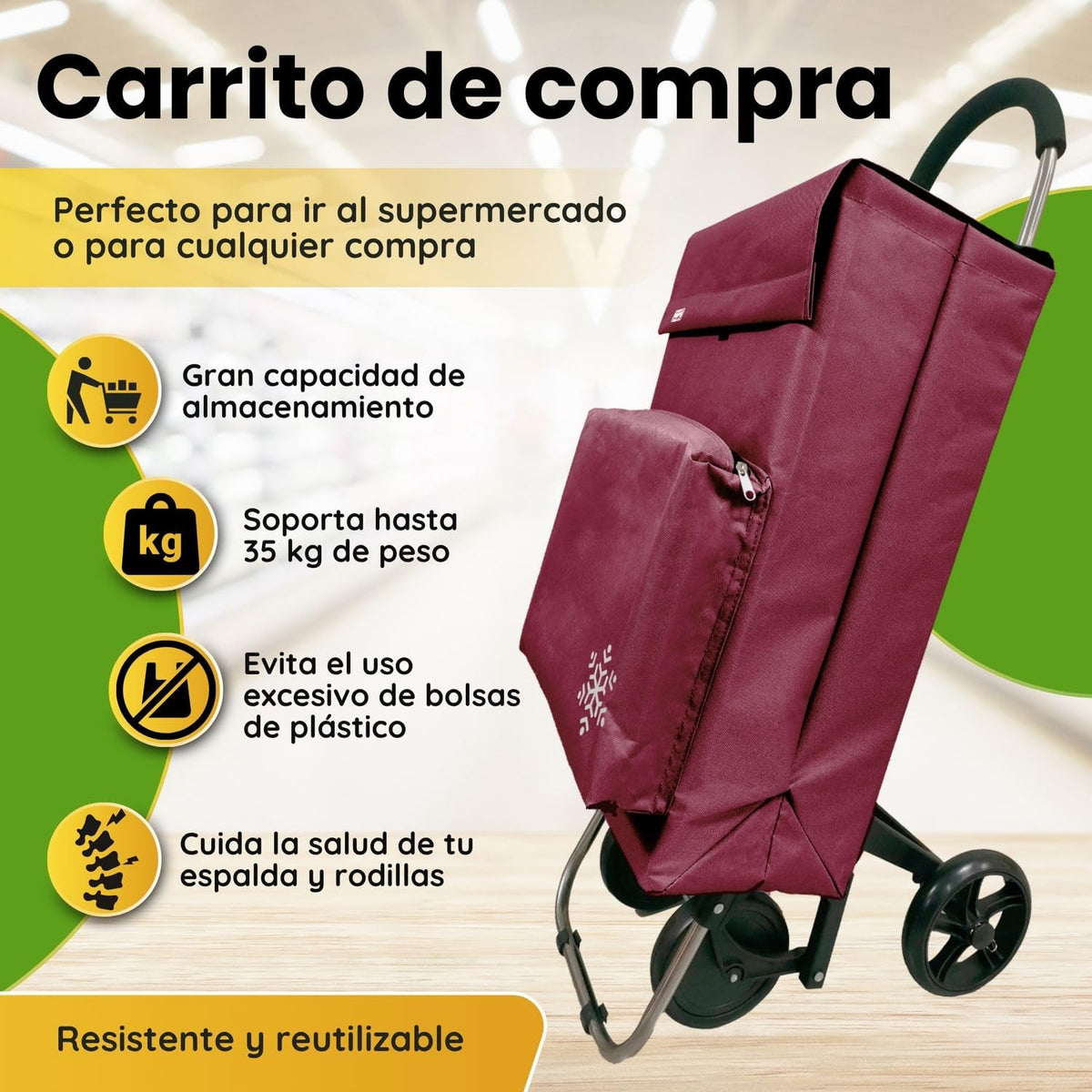 Carro de la Compra de 50L con Compartimento Refrigerante | Carrito Compra de 4 y 2 Ruedas Ideal para Supermercado (Requiere Montaje)
