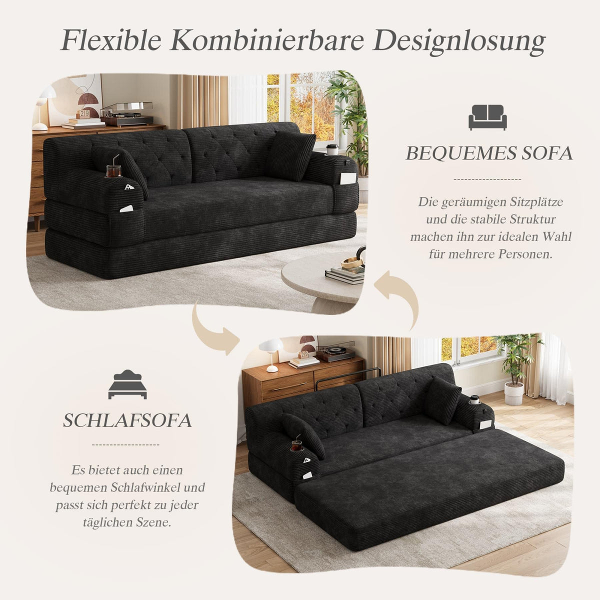 YEHTOKHOME - Sofá de Velor acanalado con respaldo alto y estructura metálica, sofá moderno de 2 plazas con 2 portavasos y 4 bolsillos laterales, para salón, dormitorio (Beige)