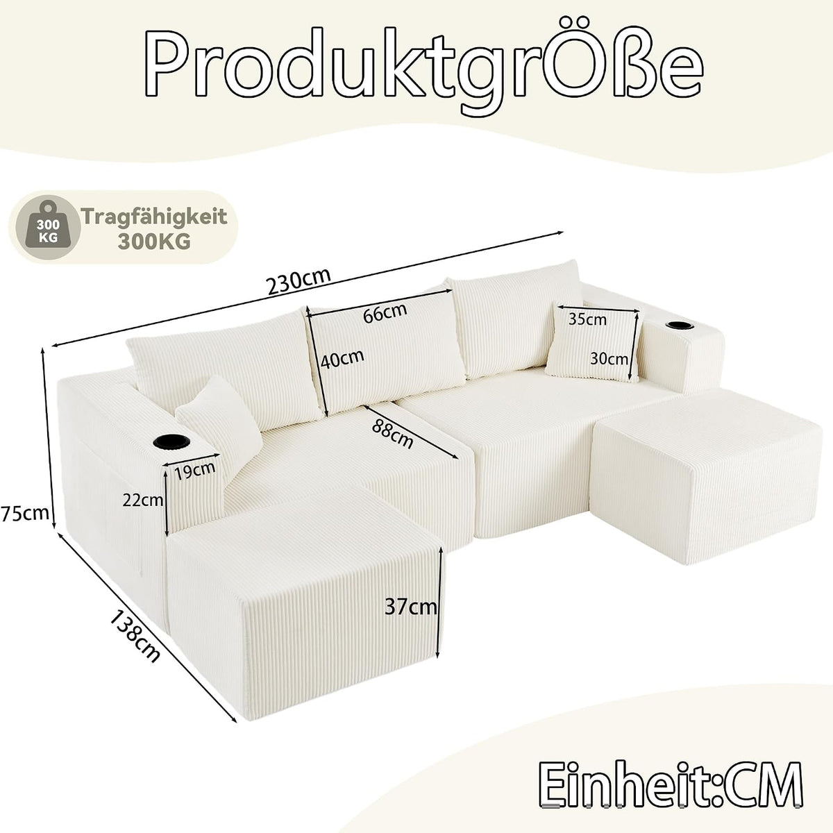 Bladez Sofá esquinero modular en forma de U de pana de 3 plazas gris con otomana