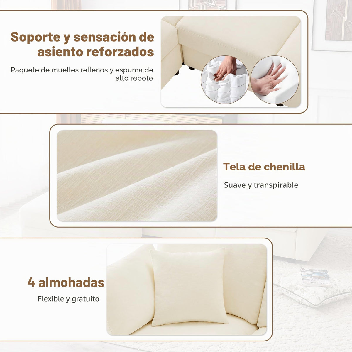 Soweiz Sofá de esquina en forma de L con reposapiés, sofá cama convertible de 3 plazas, 4 cojines, brazos ajustables, tejido chenilla, adecuado para salón/oficina/apartamento, 218 x 156,5 x 86 cm
