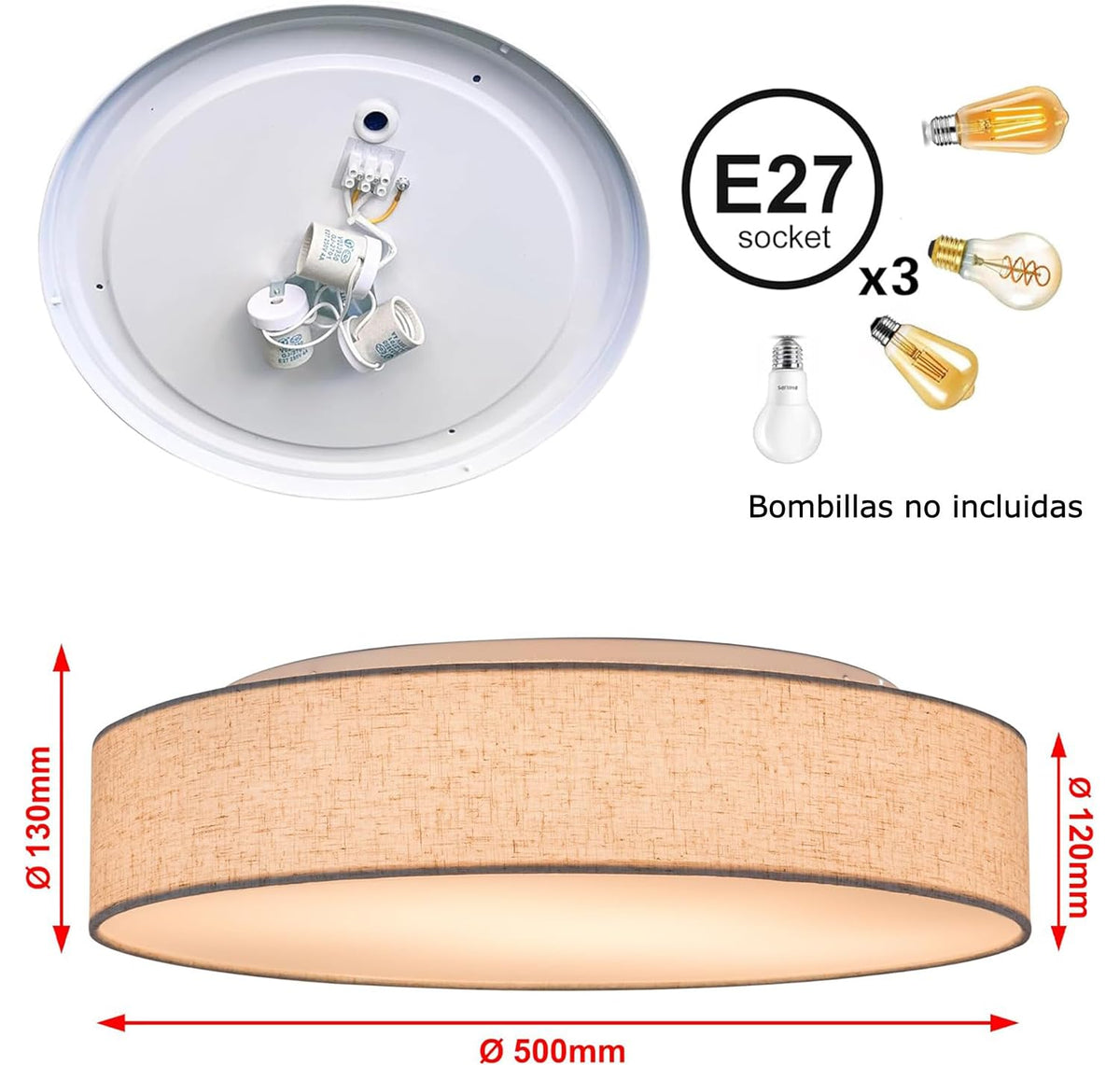 Plafón de Techo Redondo de Tela 38 cm, Pantalla Textil con 2 Casquillo E27 (40W máx.) Lámpara de Techo para Salón, Dormitorio, Pasillo o Habitación Infantil,Sin bombilla (Taupe, 38)