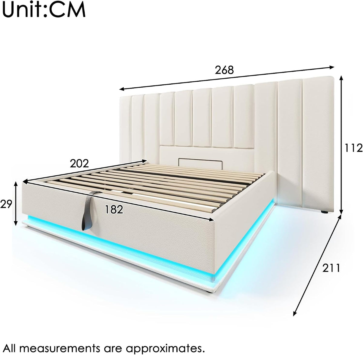 Cama tapizada 180×200cm, Cama Doble con canapé con LED y función de Carga USB-C, PU, sin colchón ni mesita de Noche (Blanco, 180 x 200 cm)