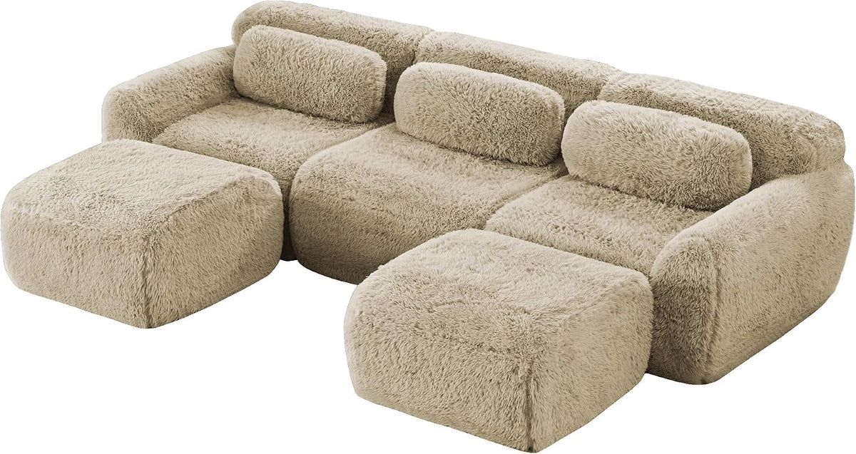 Sofá modular en forma de U, tela de felpa, sin montaje, base antideslizante, con cojín, soporte ergonómico, espuma de alta elasticidad, adecuado para sala de estar, dormitorio (caqui claro)