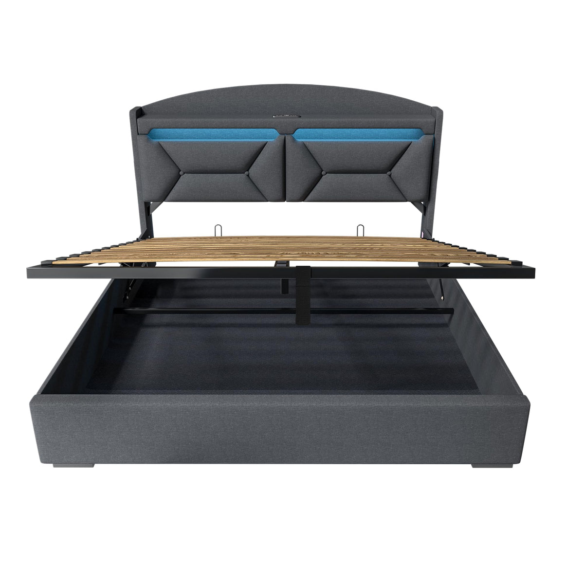 Cama 90x200 cm con Almacenamiento, Cama Individual con LED, Puertos USB y Type-C, Somier 90x200 Hidráulico, Camas Juveniles Camas Infantiles con Cabecero, Lino, Beige, Colchón No Incluido