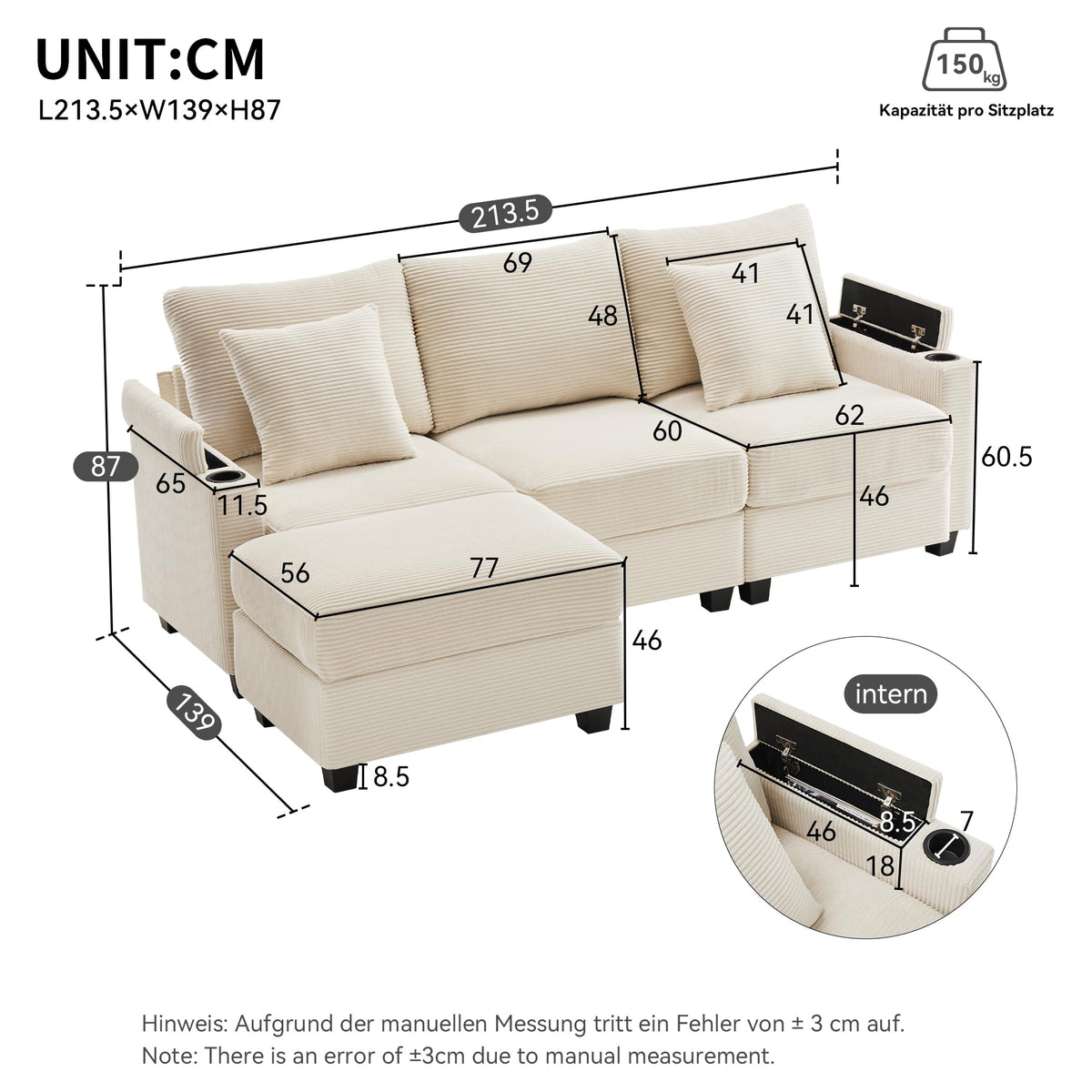 Sofá modular de 6 plazas, sofá esquinero en forma de L/U, puertos USB/tipo C, portavasos y espacio de almacenamiento, tela de chenilla, 7 cojines, salón, dormitorio y oficina, color beige