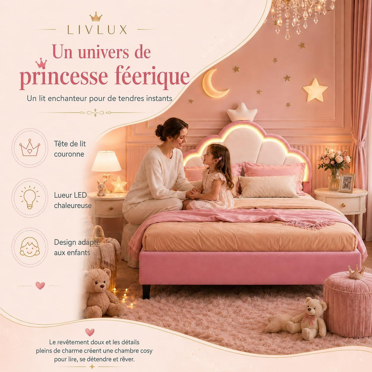 LIVLUX Cama Tapizada 90 x 200 cm, Cama Princesa con Cabezal LED Ajustable y Somier de Lamillas, Cama para Niña, Diseño en Forma de Corona para Niños y Adolescentes (Rosa, 90 x 200 cm)