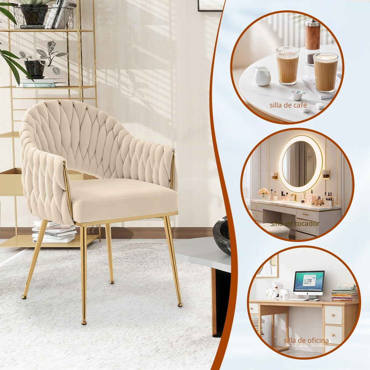 Juego de 4 sillas de comedor de terciopelo, sillones de salón, sillas de comedor con reposabrazos, sillas de cocina con respaldo alto trenzado a mano, silla de tocador con patas doradas