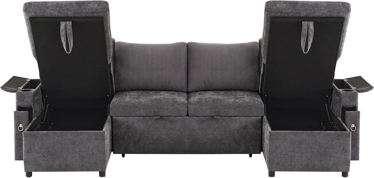 Kebnor Sofá cama de cuatro plazas en forma de U con soporte para bebidas, sofá de esquina con espacio de almacenamiento y función de descanso. Incluye soporte para bebidas y almohadas. Sofá