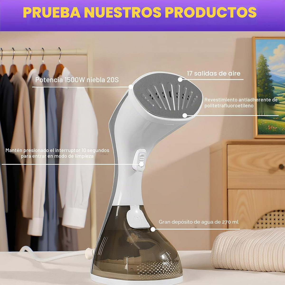 Plancha Vertical Vapor 1500W，Plancha Vapor Vertical Portátil con 270ml de Tanque Plancha Vapor para Elimina Arrugas Calentamiento Rápido, Cable de 1,8 M, Ideal para Viajes y Uso Doméstico