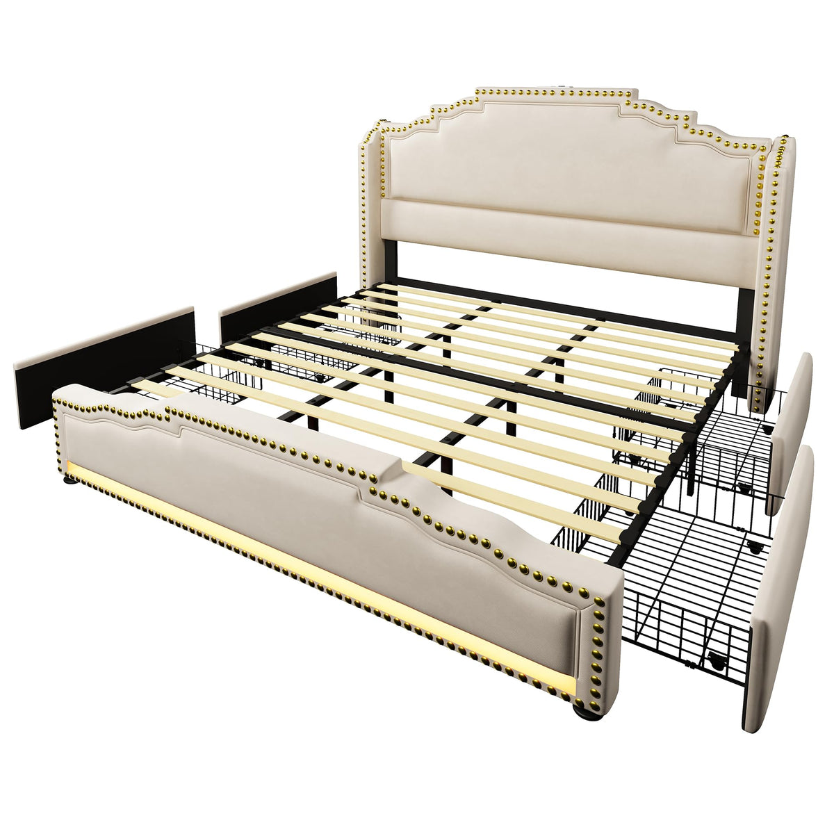 Cama tapizada de 160 x 200 cm, cama doble con 4 cajones, iluminación LED y puerto de carga USB-C, cama de almacenamiento y cama juvenil con somier, terciopelo, beige, sin colchón