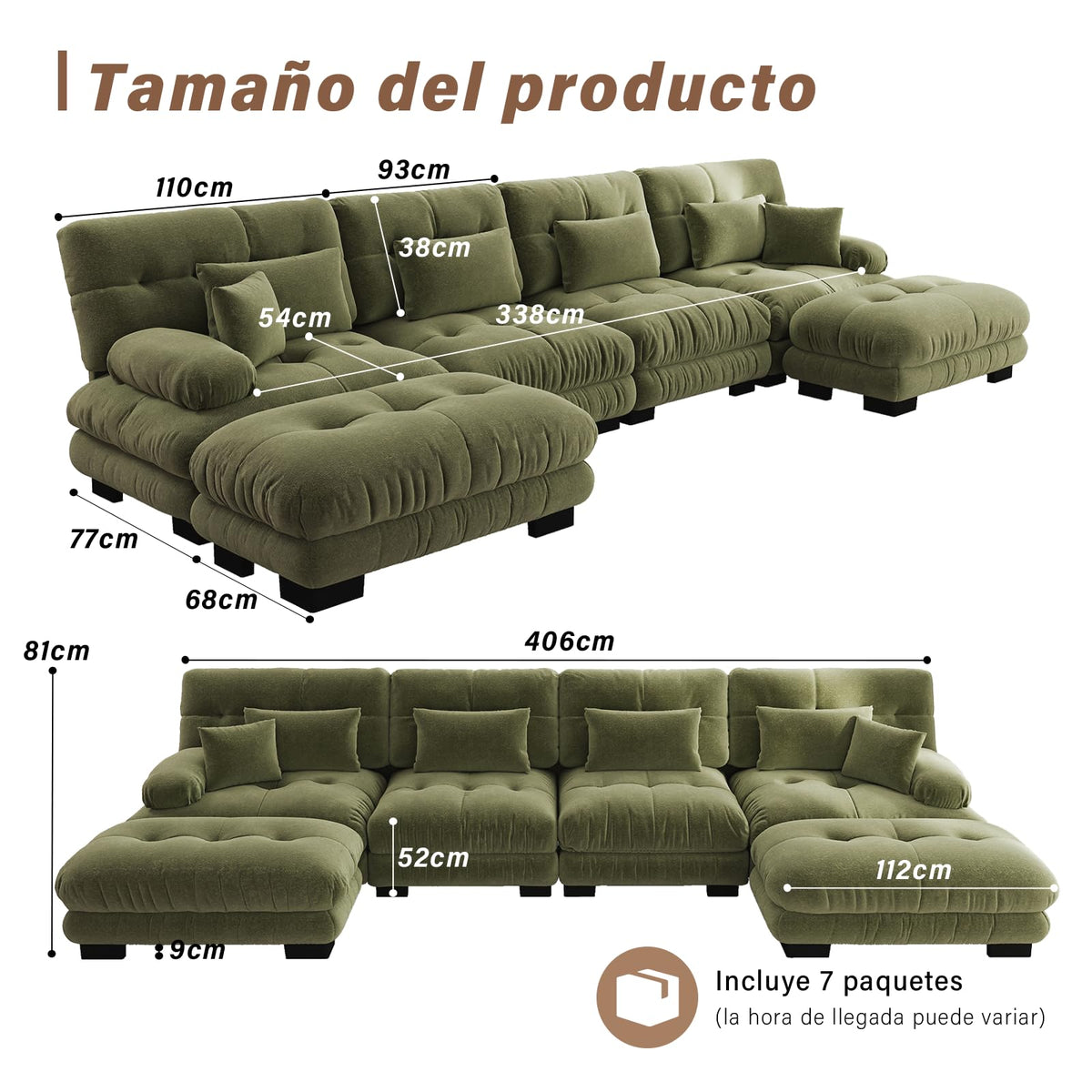 SoarFlash Sofá U Modular de 4 plazas para salón Moderno, sofá Nube de Tela Chenille con reposabrazos, Color Amarillo, 145×406 cm