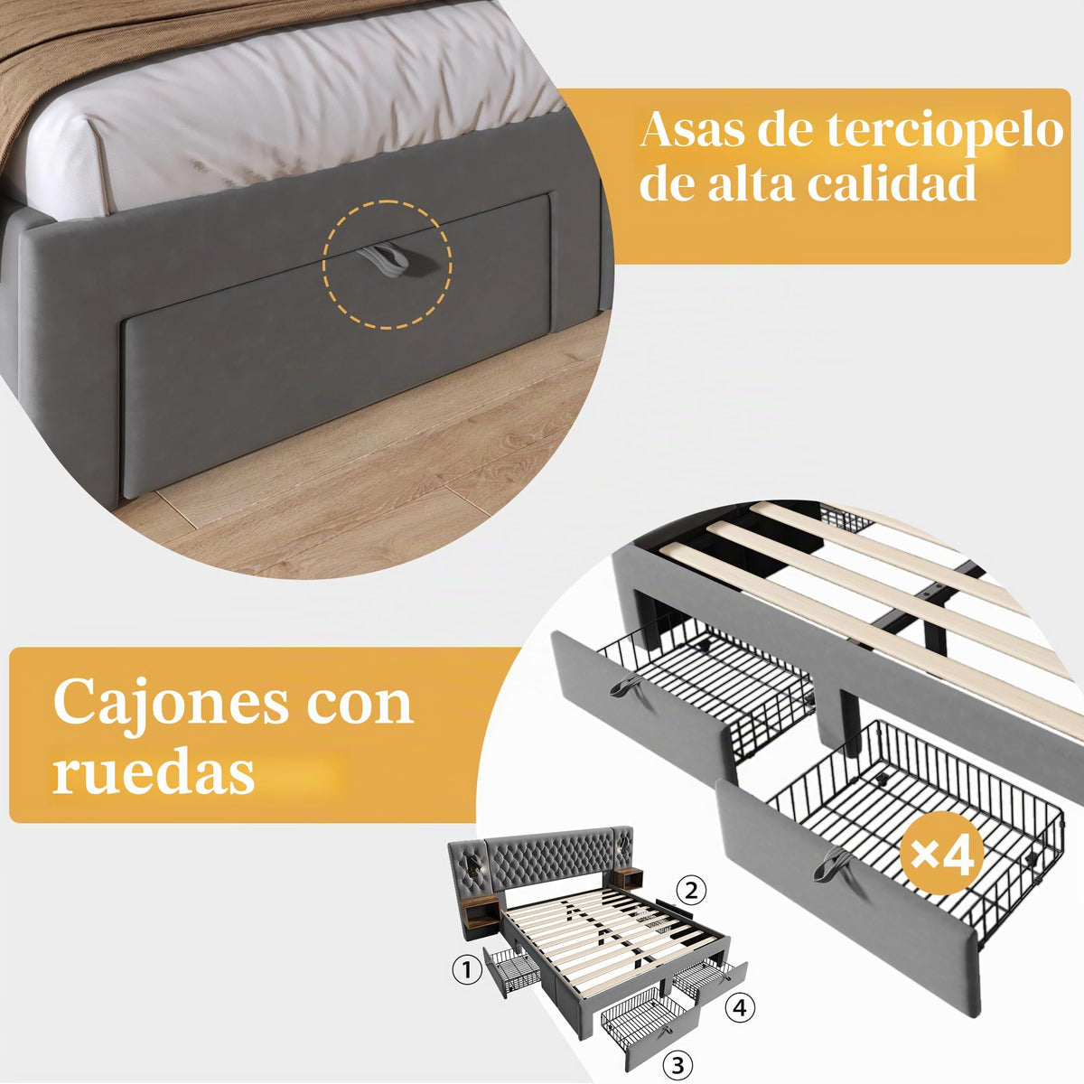 Juego completo de cama para dormitorio, cama doble tapizada de 160 x 200 cm, con 2 mesitas de noche y 4 cajones, cabecero de luz de lectura con función de carga USB, terciopelo, sin colchón