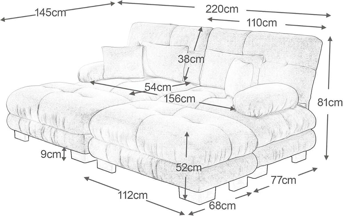 Sofá esquinero de chenilla nublado para salón, sofá doble con reposabrazos anchos, 2 cojines lumbares, 2 cojines decorativos y 2 otomanas, 220 x 140 x 81 cm (rosa)