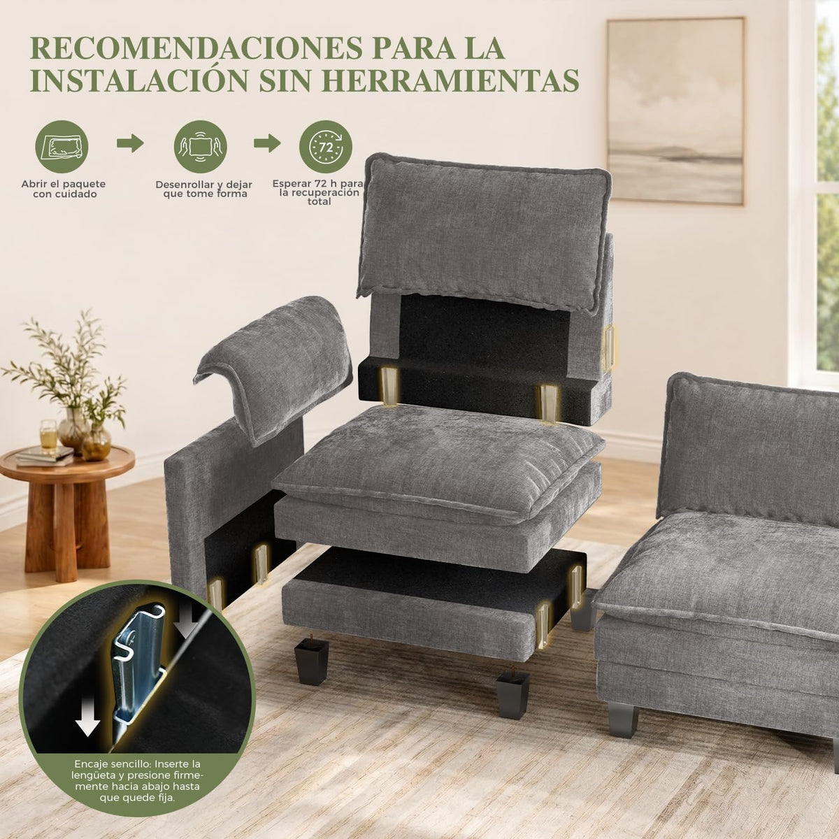 ELUCHANG Sofá Nube Modular 256cm, Sofá de 3 Plazas con Asiento Profundo 62cm, Montaje sin Herramientas, Sofá Moderno de Chenilla para Salón y Habitación, Gris Perla