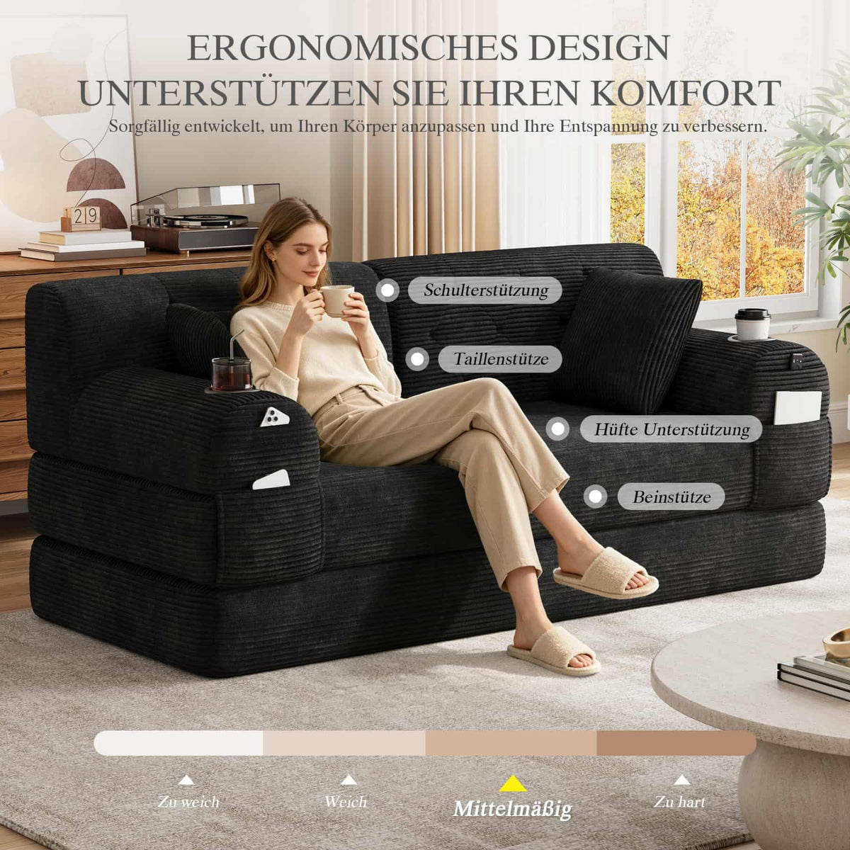 YEHTOKHOME - Sofá de Velor acanalado con respaldo alto y estructura metálica, sofá moderno de 2 plazas con 2 portavasos y 4 bolsillos laterales, para salón, dormitorio (Beige)