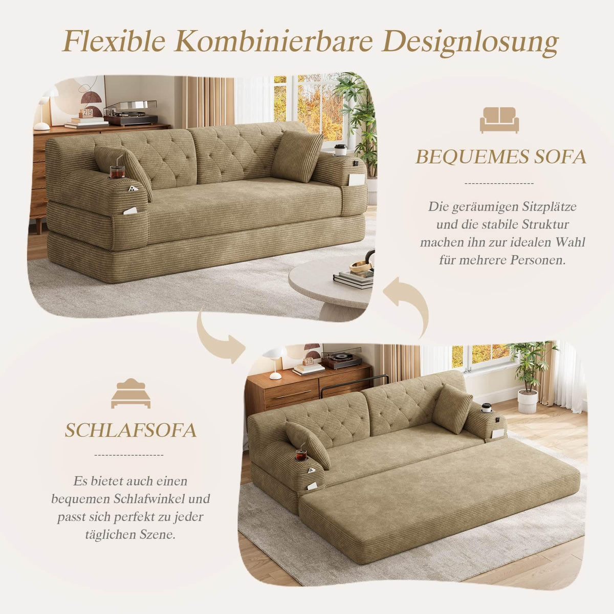 YEHTOKHOME - Sofá de Velor acanalado con respaldo alto y estructura metálica, sofá moderno de 2 plazas con 2 portavasos y 4 bolsillos laterales, para salón, dormitorio (Beige)