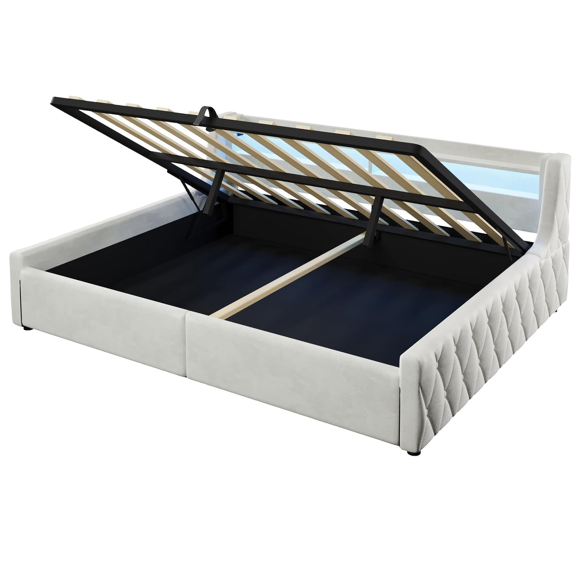 Cama con plataforma de terciopelo 90 x 200 cm, con espacio de almacenamiento hidráulico e iluminación LED (color crema, 90 x 200 cm)