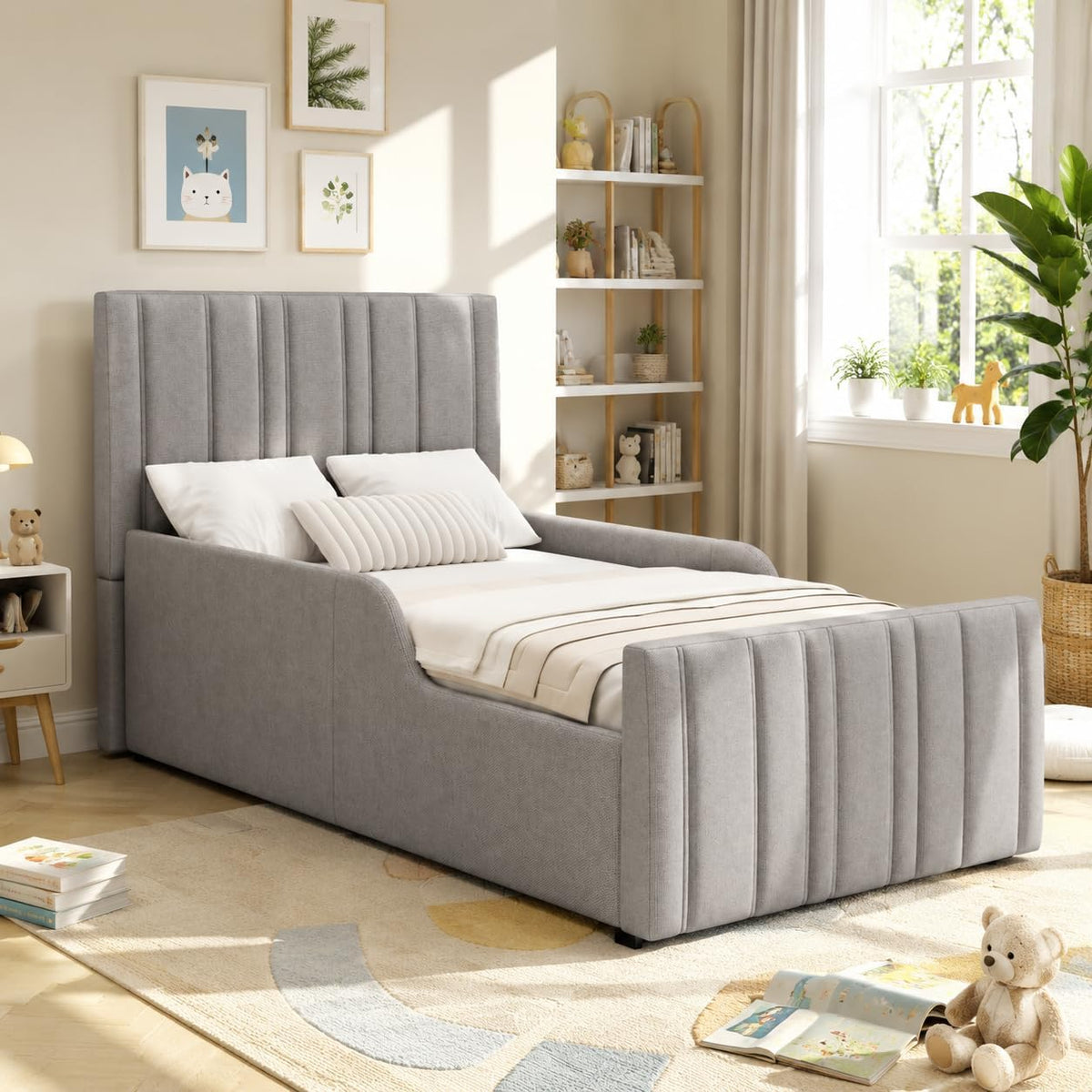 Kebnor Cama tapizada, cama individual, cuna 90 x 200 cm, cama funcional hidráulica, cama con somier, cabecero y gran espacio de almacenamiento, cabecero acolchado, lino (gris)